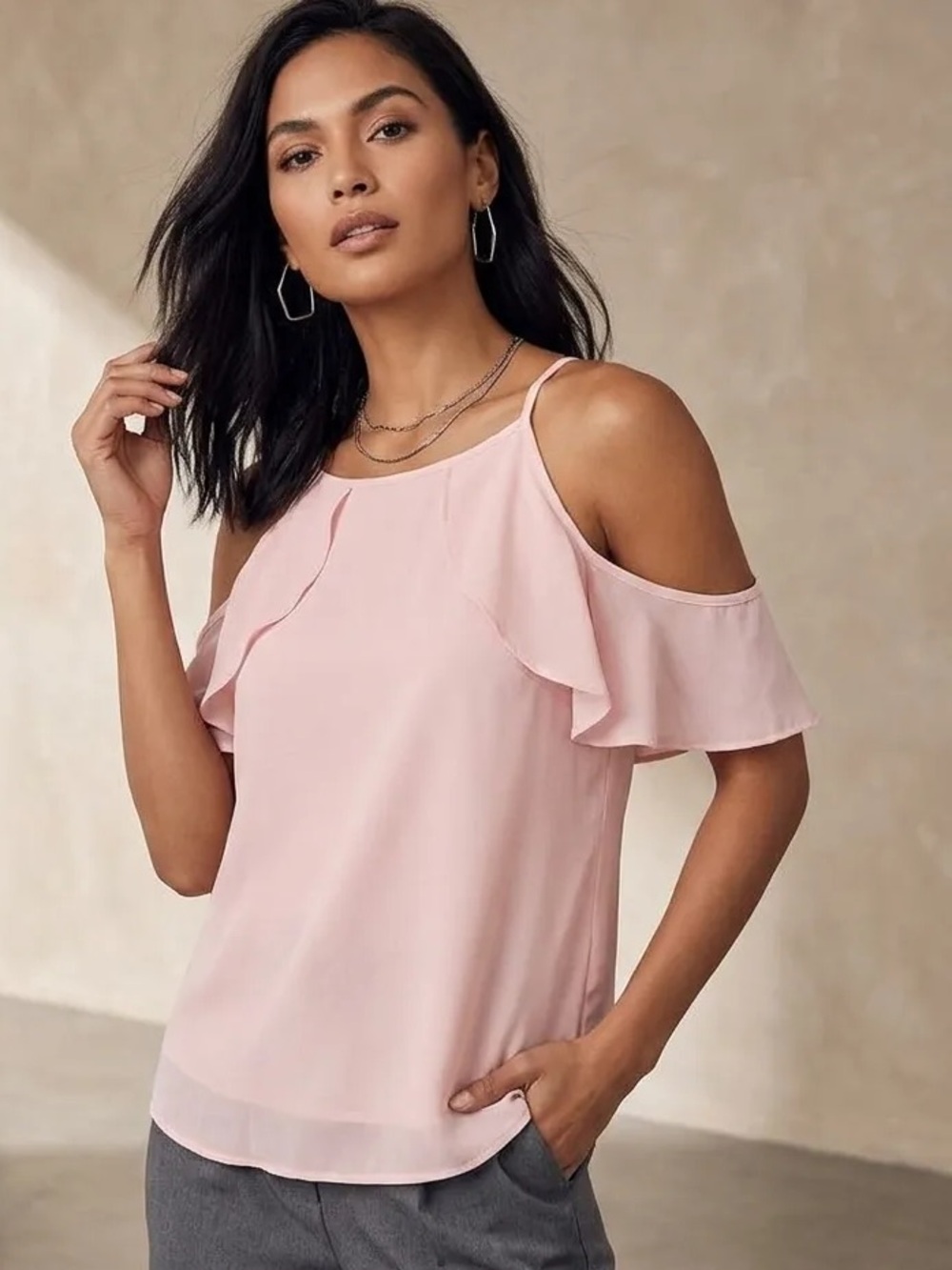 Japna Sz M Cold shoulder  Pink ruffle blouse